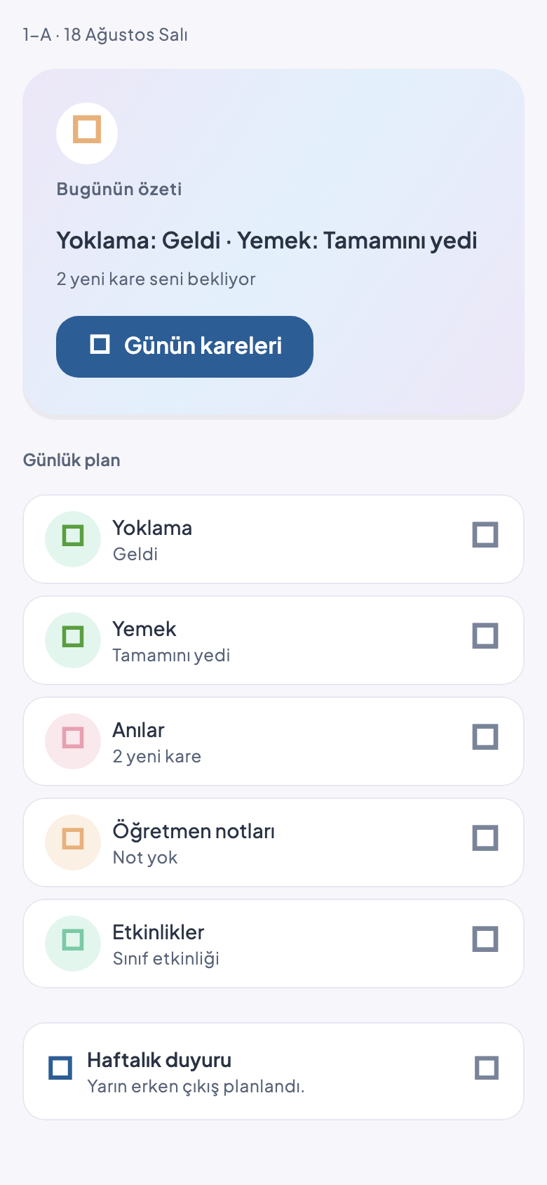 KursUp veli uygulaması, günün özeti